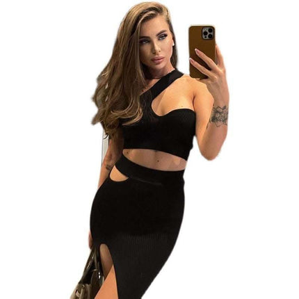 Sloping Shoulder Crop Top High Waist Hollow Skirt Suit Tight Two Piece Fendax 0