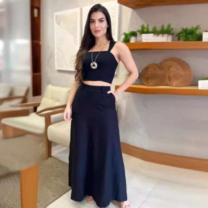 Women's Solid Color Crop-top Spaghetti-strap Top High Waist Long Skirt Sets Fendax 0