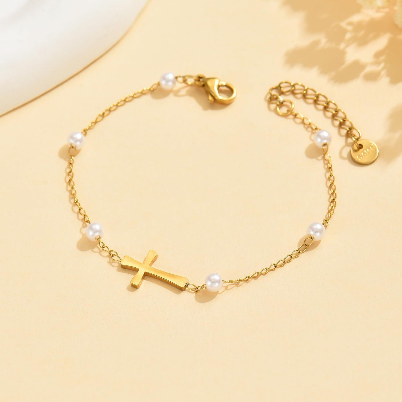 White Pearl Chain Bracelet Stainless Steel Cross Faith