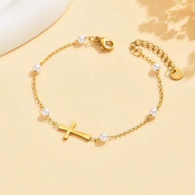 White Pearl Chain Bracelet Stainless Steel Cross Faith