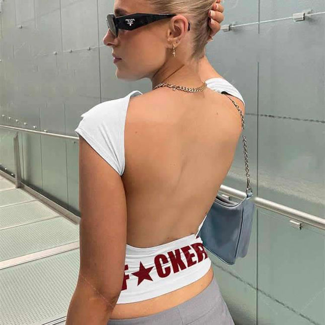 Backless Short Sleeve White Y2K Clothes Crop Top Women Aesth Fendax 0