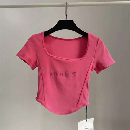 Hot Girl Short High Waist Crop Top Women's Summer Sexy Tight Curved Hem Short Sleeve T-shirt Fendax 0