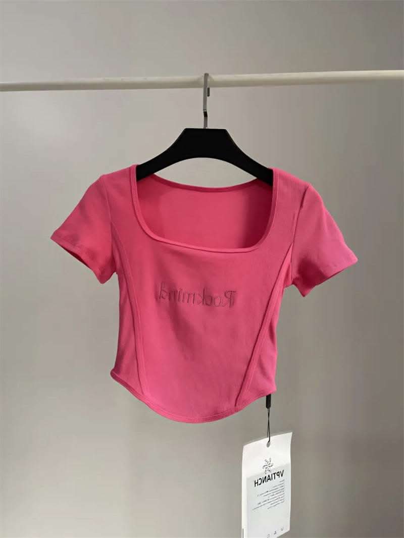 Hot Girl Short High Waist Crop Top Women's Summer Sexy Tight Curved Hem Short Sleeve T-shirt Fendax 0