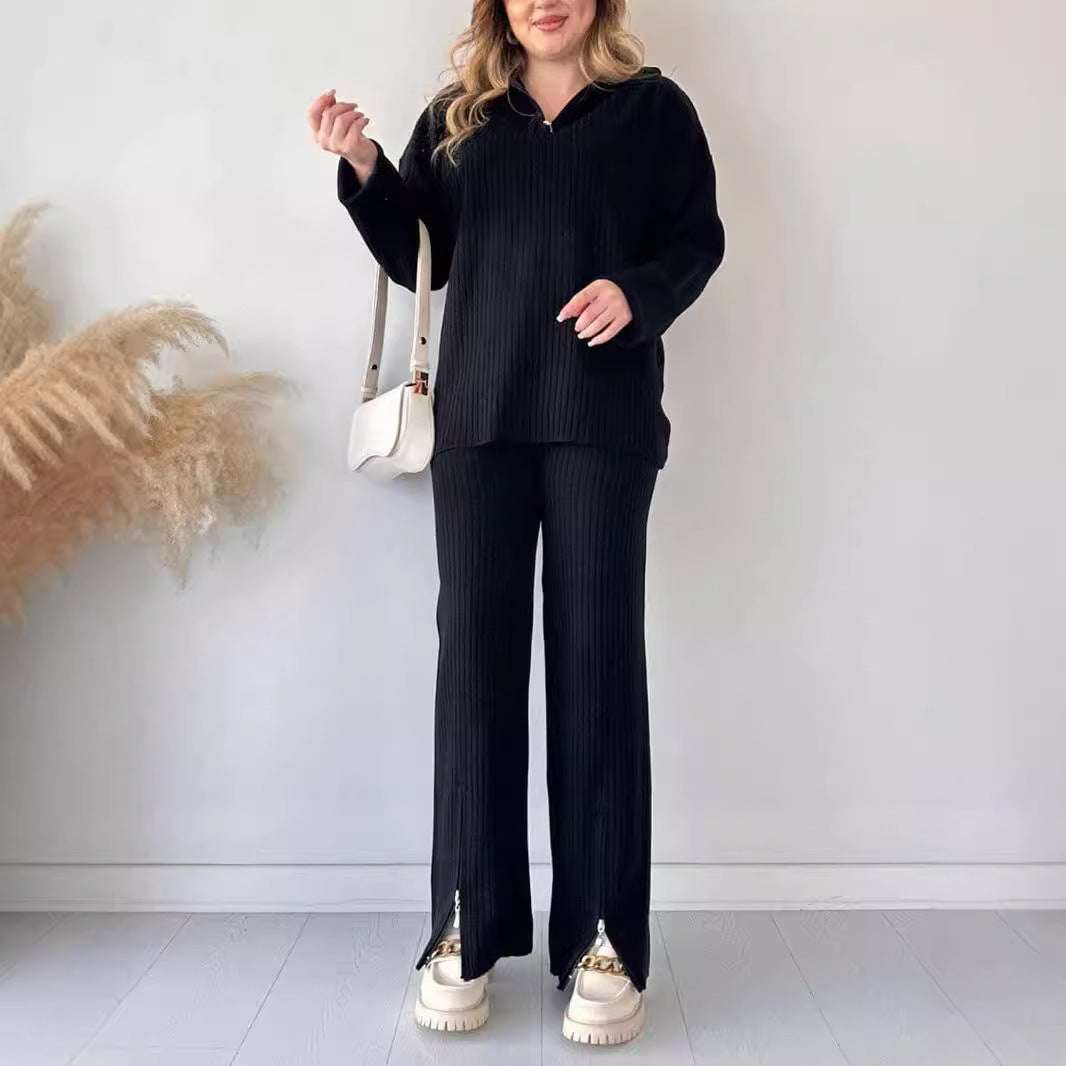 Fall Women's Clothing Solid Color Zipper Knitting Suit High Neck Ribbing Home Wear Two-piece Set