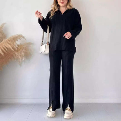 Fall Women's Clothing Solid Color Zipper Knitting Suit High Neck Ribbing Home Wear Two-piece Set