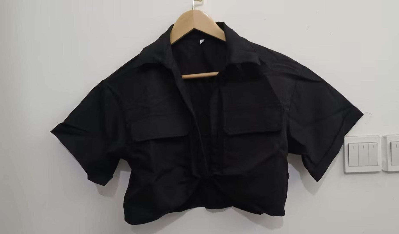 Women's Crop Navel Twist Solid Polo Collar Shirt T-Shirt Top Fendax 0