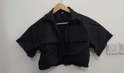 Women's Crop Navel Twist Solid Polo Collar Shirt T-Shirt Top Fendax 0