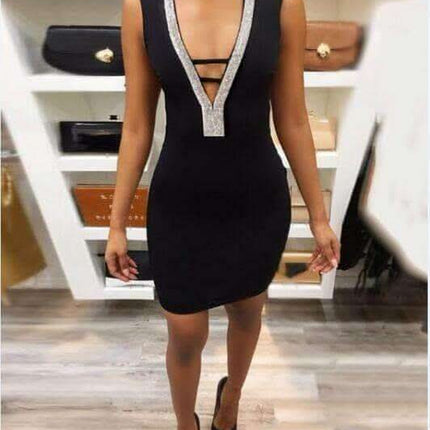 Sexy Slim Ladies Deep V-neck Bodycon Party Dresses Women Summer Sleeveless Hollow Out Backless Package Hip Dress Clubwear Fendax 0