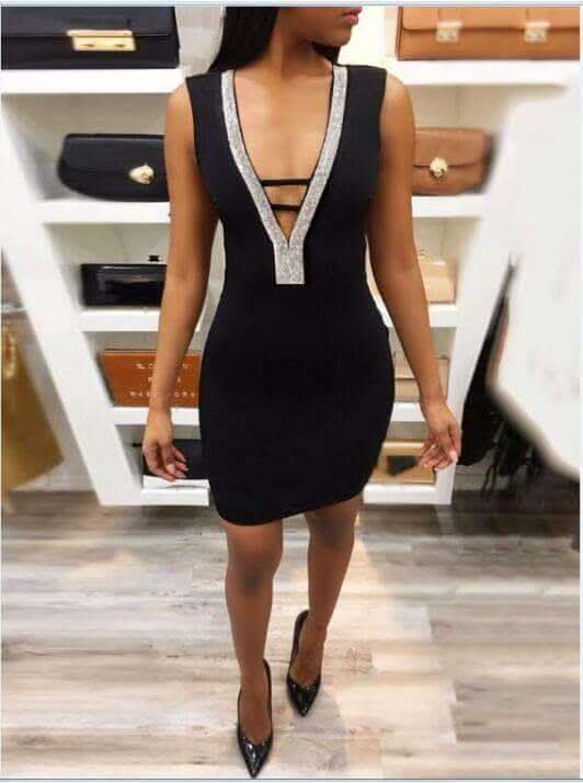 Sexy Slim Ladies Deep V-neck Bodycon Party Dresses Women Summer Sleeveless Hollow Out Backless Package Hip Dress Clubwear Fendax 0