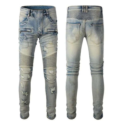 Hand Frayed Beggar Style Distressed Slim Stretch American Men's Jeans Fendax 0