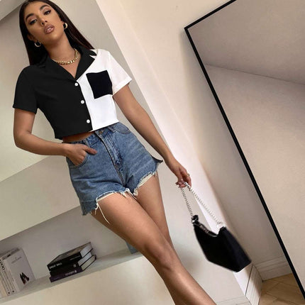 Contrast Paneled Crop Top Pocket Single Breasted Short Sleeve Shirt Fendax 0