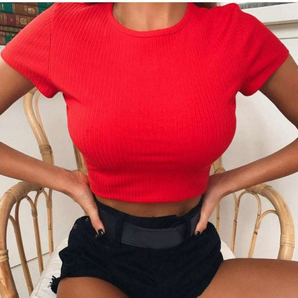 Neon Knitted Tshirt Women O Neck Short Sleeve Tee& Shirts Sexy Crop Top Girls Fendax 0