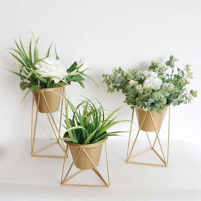 Golden fake flower set green plant pot