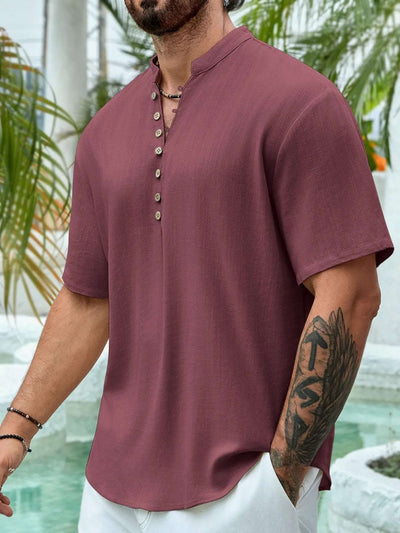Summer Deep V-neck Multi-button Cotton And Linen Casual Shirt Men's Short Sleeve Fendax 0