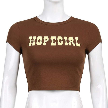 Vintage Brown Letter Print Bottoming Casual Crop Top Fendax 0