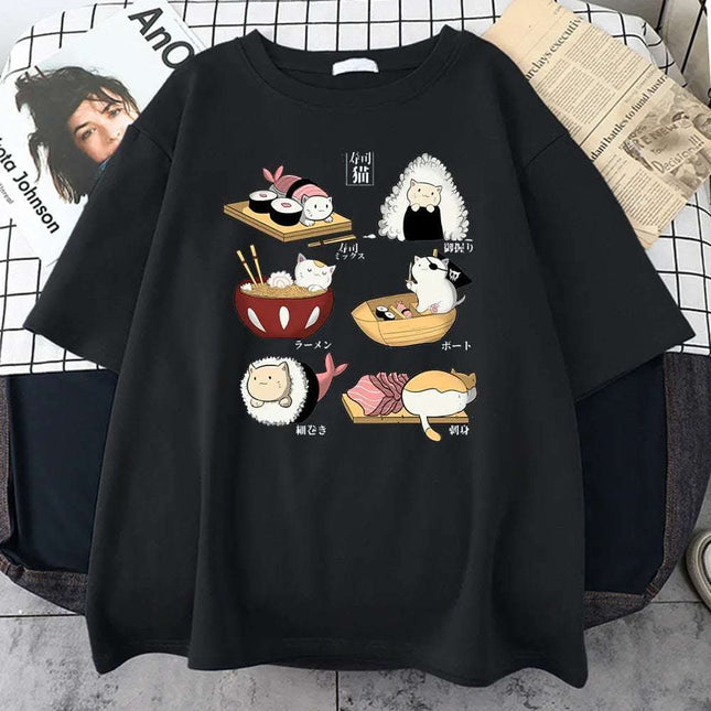 H Cute Cat Sushi Cartoon Style Mens Cotton Short Sleeve Fendax 0