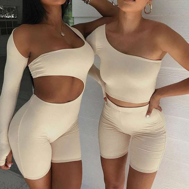Women Tight Fitness Yoga Suits Off Shoulder Tops And Shorts Tops 2pcs Set Fendax 0