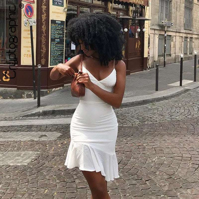 Pure Color Sling Stitching Halter Ruffle Short Dress Women Fendax 0