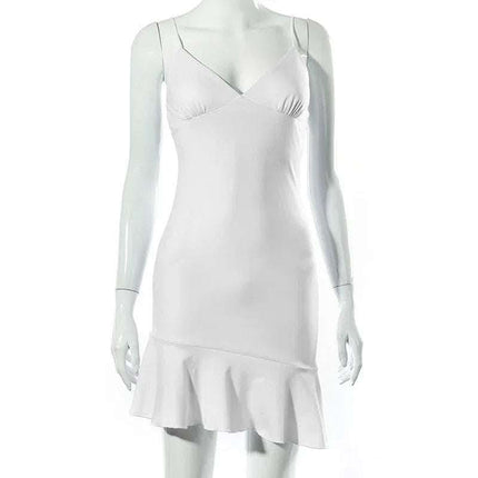 Pure Color Sling Stitching Halter Ruffle Short Dress Women Fendax 0