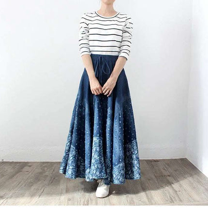 Denim Skirt, Half-length, Large-length Skirt, Printed High-waisted Skirt