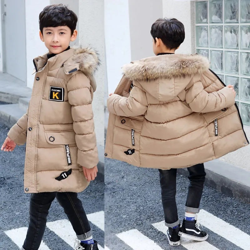 Children's Hooded Cotton Coat With Fur Collar