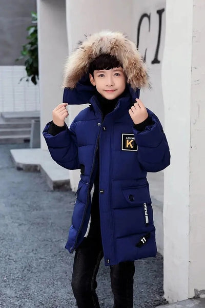 Children's Hooded Cotton Coat With Fur Collar