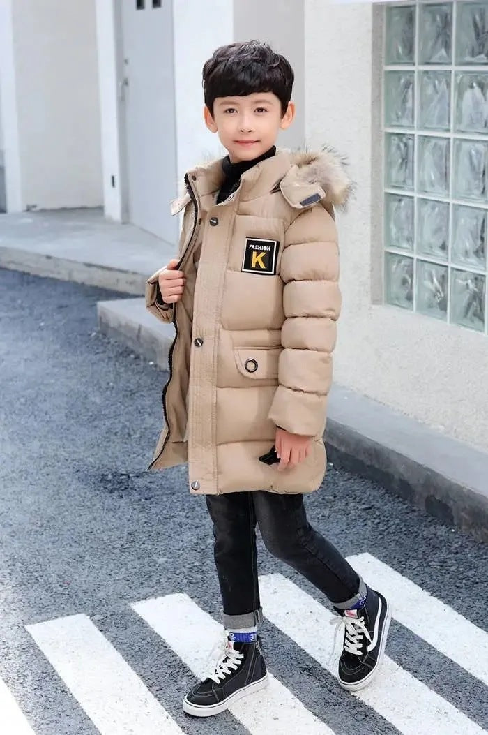 Children's Hooded Cotton Coat With Fur Collar