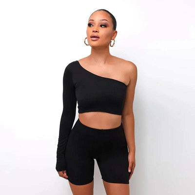 Kliou Solid Asymmetrical Two Piece Sets Women Tracksuit Crop Tops Elastic Bike Shorts Sporty Matching Suits Casual Female Outfit Fendax 0
