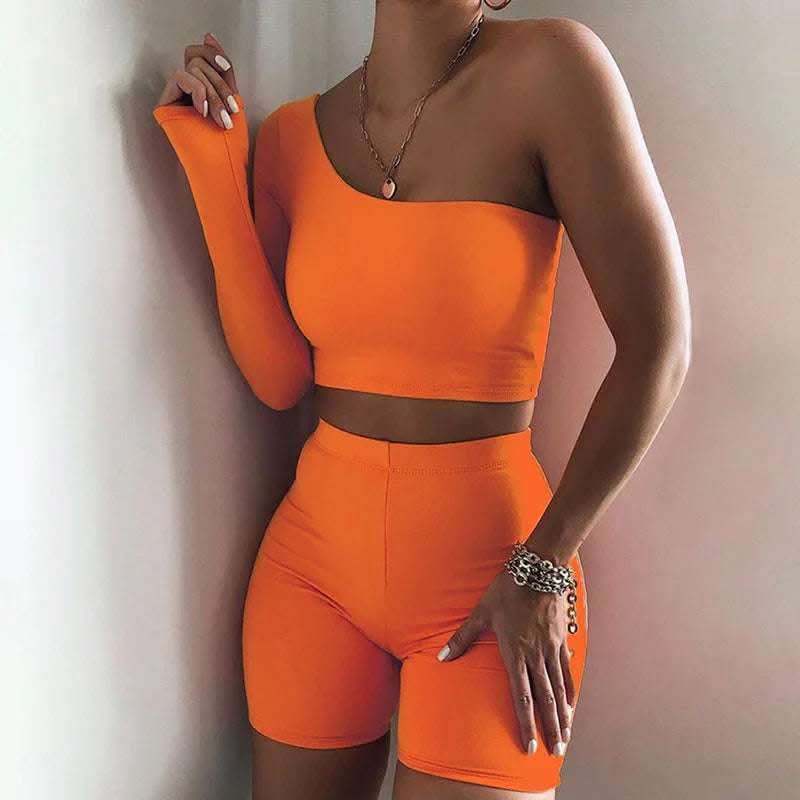 Kliou Solid Asymmetrical Two Piece Sets Women Tracksuit Crop Tops Elastic Bike Shorts Sporty Matching Suits Casual Female Outfit Fendax 0