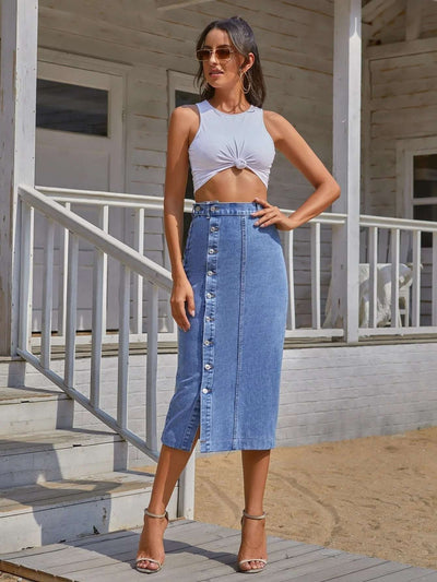 Button Irregular Slit denim High Waist Skirt Fendax 0