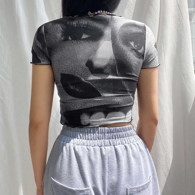 Net Gauze Big Eyes Printed Wood Ear Short Crop Top T-shirt Fendax 0