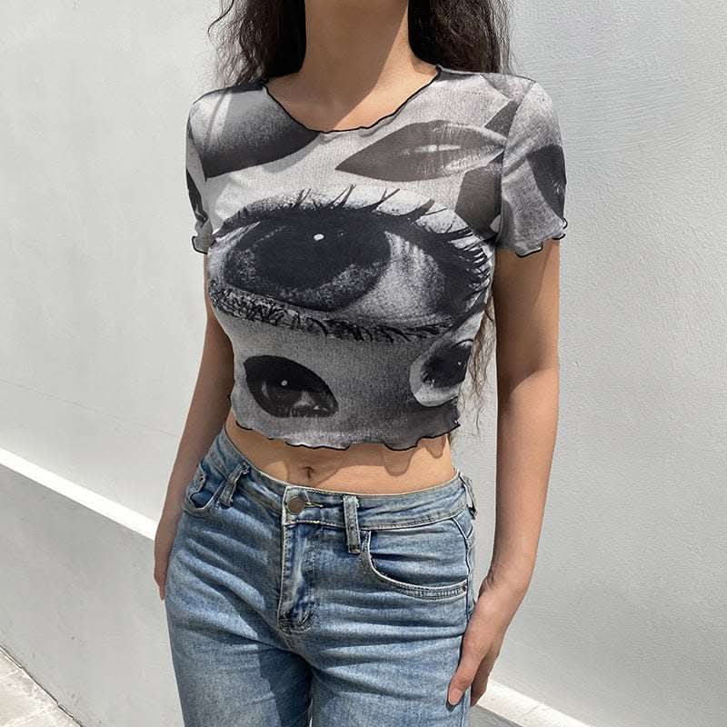 Net Gauze Big Eyes Printed Wood Ear Short Crop Top T-shirt Fendax 0
