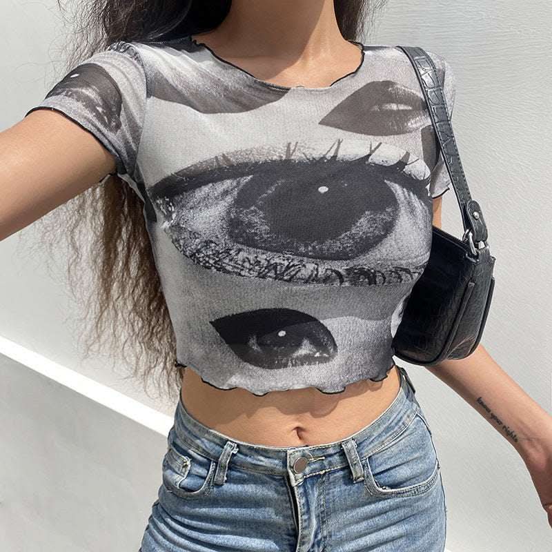 Net Gauze Big Eyes Printed Wood Ear Short Crop Top T-shirt