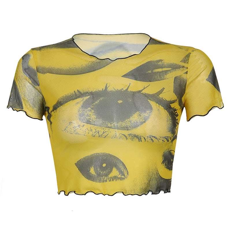 Net Gauze Big Eyes Printed Wood Ear Short Crop Top T-shirt Fendax 0