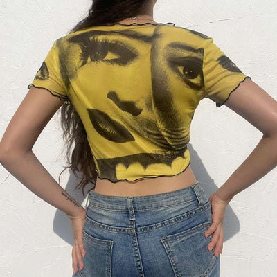 Net Gauze Big Eyes Printed Wood Ear Short Crop Top T-shirt Fendax 0