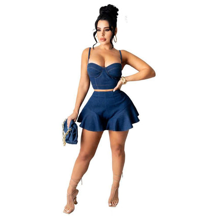 Beyprern Runway Medium Denim Straps Crop Top And High Waist Fendax 0