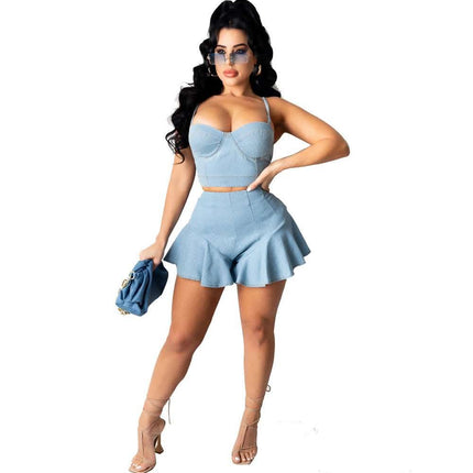 Beyprern Runway Medium Denim Straps Crop Top And High Waist Fendax 0