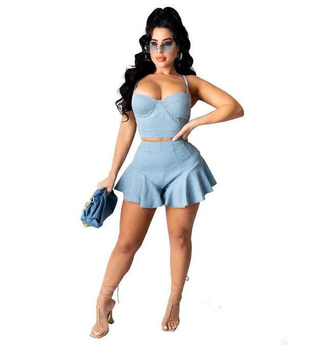 Beyprern Runway Medium Denim Straps Crop Top And High Waist Fendax 0