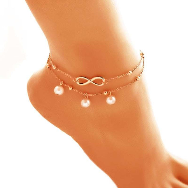 Women's Alloy Anklet With 8-shaped Double-layer Pearls Fendax 0