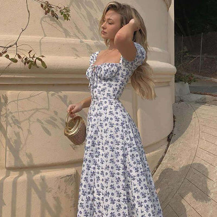 Summer Floral Print Dress Women Sexy Party Long Dresses Puff Short Sleeve Fendax 0