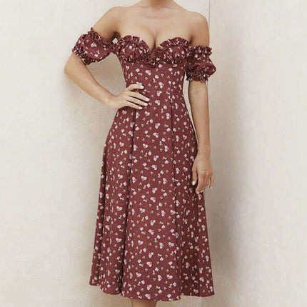 Summer Floral Print Dress Women Sexy Party Long Dresses Puff Short Sleeve Fendax 0