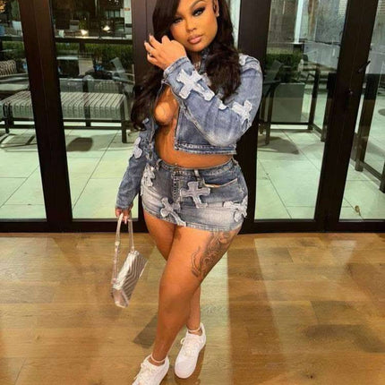 Denim Embroidered Short Skirt Jacket Suits Suit Fendax 0