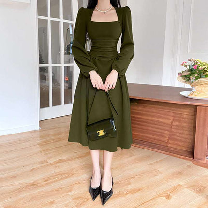 Women's Spring Clothing Woven Square Collar Pleated Skirt Dress