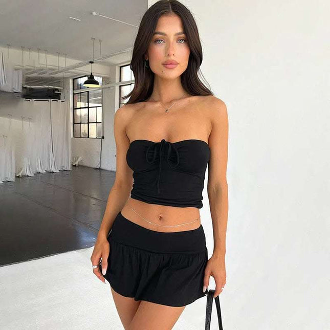 Women's Suits Summer Sleeveless Tube Top And Pleating Skirt Y2K Hot Girl Mid-length Dress Set Fendax 0