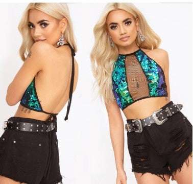 Green Sequin Sexy Crop Top Fendax 0