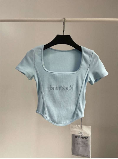 Hot Girl Short High Waist Crop Top Women's Summer Sexy Tight Curved Hem Short Sleeve T-shirt Fendax 0