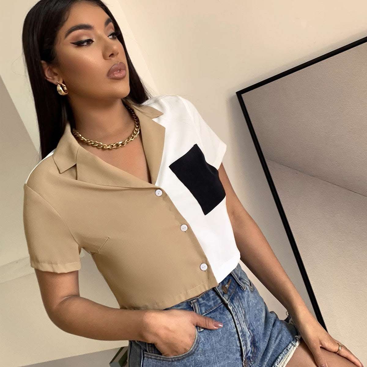 Contrast Paneled Crop Top Pocket Single Breasted Short Sleeve Shirt