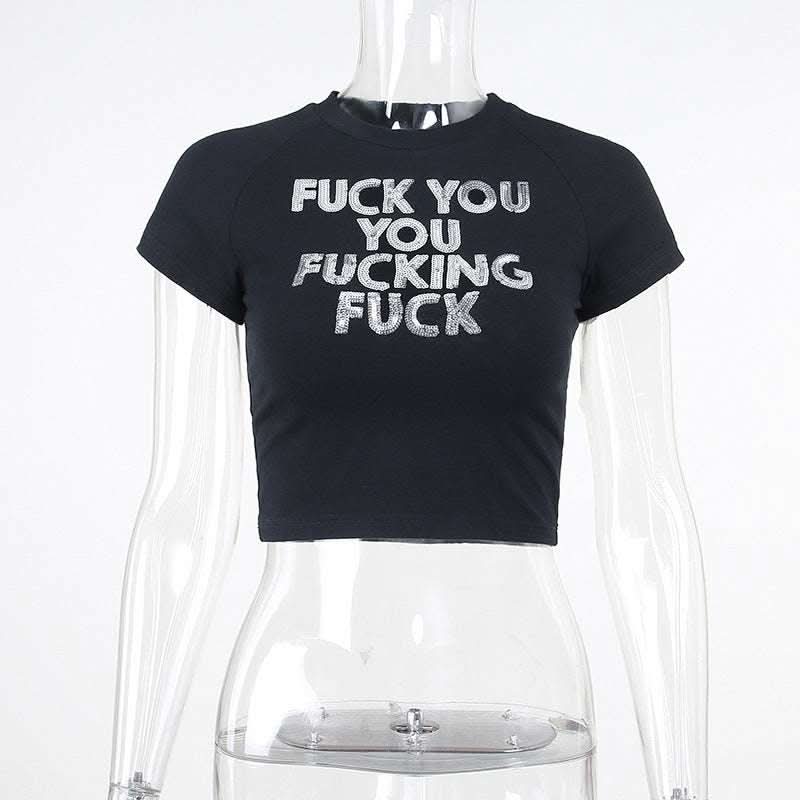 Sequin Alphabet Print Casual Skinny Short Sleeve Simple Hong Kong Style Crop Top Fendax 0