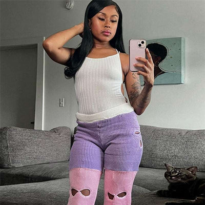 Fall Women's Clothing New Contrast Color Knitted High Waist Straight Casual Pants