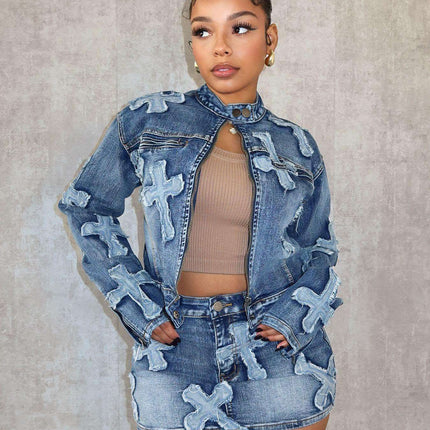 Denim Embroidered Short Skirt Jacket Suits Suit Fendax 0